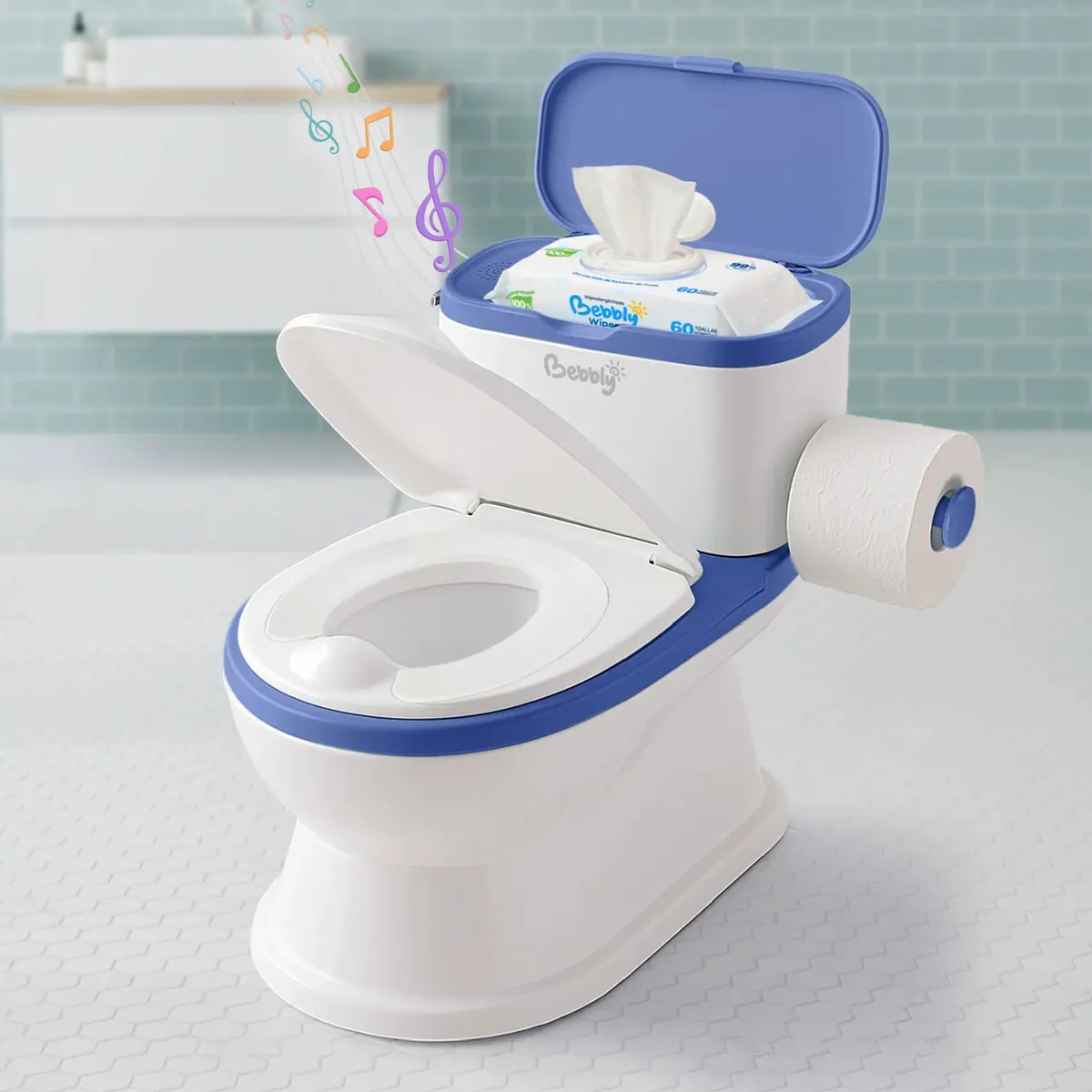 Bebbly Bañito Entrenador Infantil Con Sonido, Portarrollo, Almacenamiento, Base Antideslizante y Contenedor Extraíble (Azul)