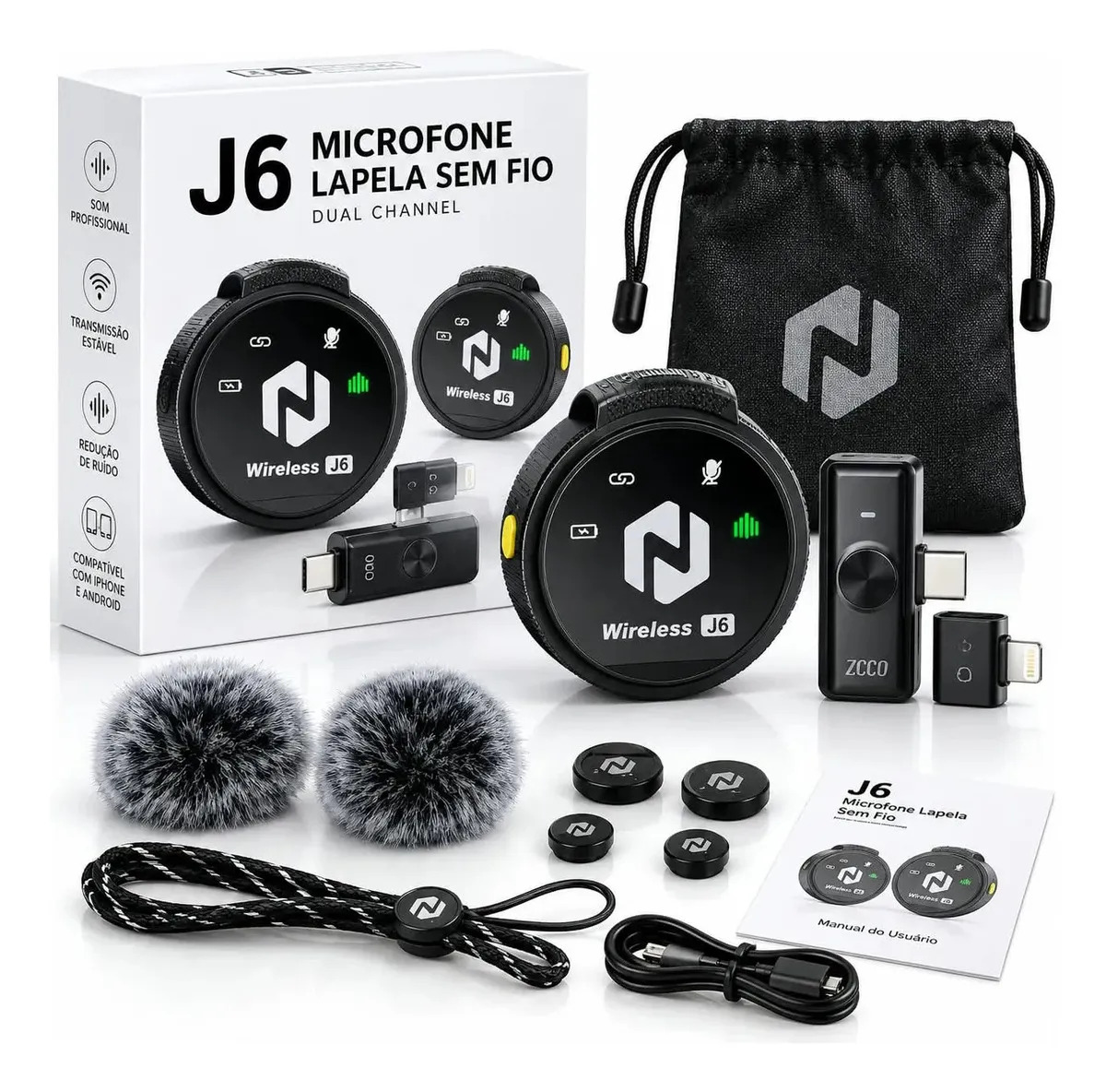 Microfone Sem Fio Zcco J6 Duplo Lapela Anti Ruido 2interface Preto