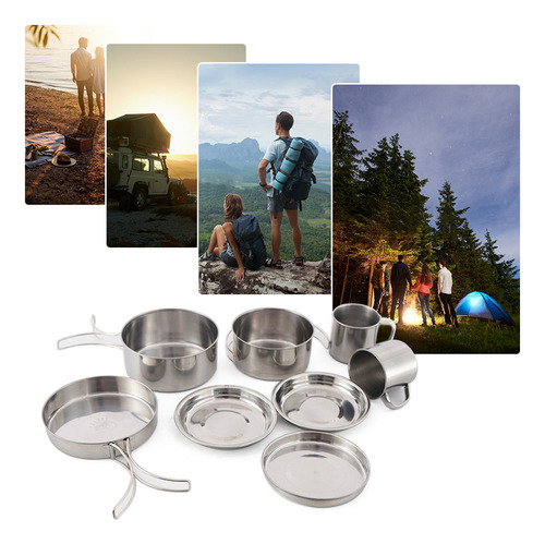 Set De Cocina Para Camping 8pcs, Acero Inoxidable, Ollas, Sa