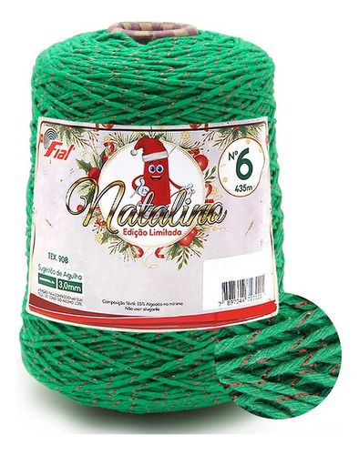 Barbante Natalino Brilho Fial N.06 400g 435mts Natal Crochê Cor 47- Mescla Verde/Lurex Vermelho