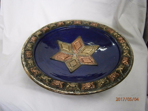 Plato Azul Cobalto  Ceramica Metal Cobre-bronce Con Estrella