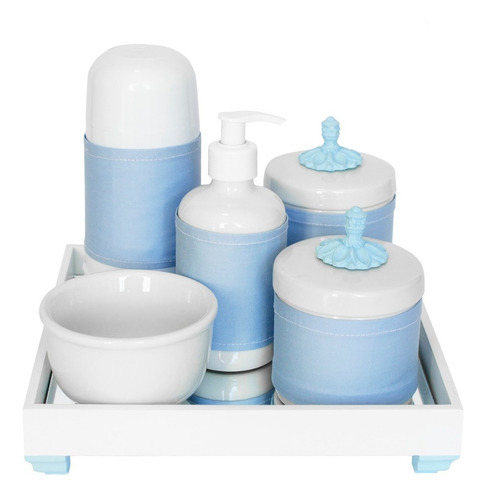 Kit Higiene Bebê Pote Porcelana Bandeja Espelho Ursinho Azul Cor Provençal