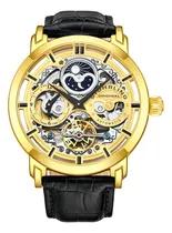 Comprar Reloj De Pulsera Stührling 371 De Cuerpo Color Plata, Cristal, Para Hombre, Fondo Automatico, Con Correa De Cuero Color Piel, Bisel Color Dorado Y Hebilla Simple