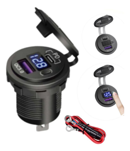 Tomada Carregador Usb Veicular Qc3.0 + Saída Tipo C PD Botão Liga e Desliga Com Voltímetro E Chicote