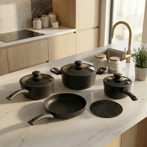 Jogo Panela Ceramica Antiaderente 5pç Tampa Silicone Induçao Preto