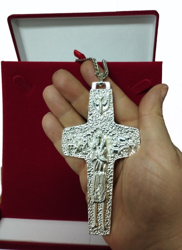 Cruz O Bom Pastor 12 Cm - Papa Francisco - Folhação Em Prata