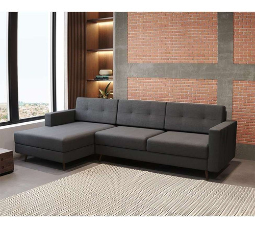 Sofá 3 Lugares Esquerdo Living Com Chaise Esquerdo Pé Pal... Cor Cinza