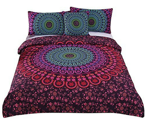 Juego De Cama Boho Mandala Rojo Tamaño King 4 Piezas