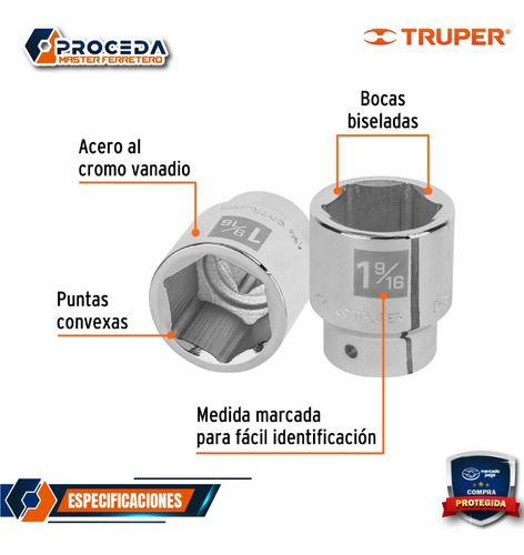 Dado De 1-9/16 , 6 Puntas, Cuadro 3/4 , Truper 13833