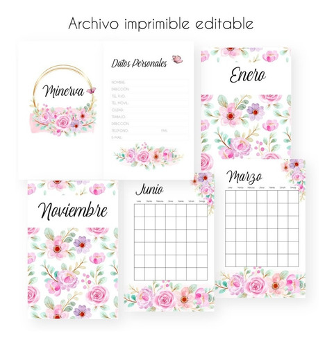 Archivo Imprimible Agenda Perpetua Flores Rosas Editable