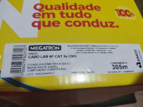 Cabo De Rede 100% Cobre Cat5e Utp Megatron 305m Preto Anatel
