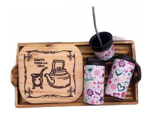 Imagen 2 de 10 de Bandeja Madera Porta Pava Juego Mate Yerbera Azucarera 40 Cm