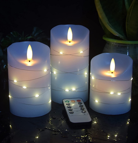 Vela Led Sin Llama Azul Con Cuerda De Estrellas 3 Velas Cont