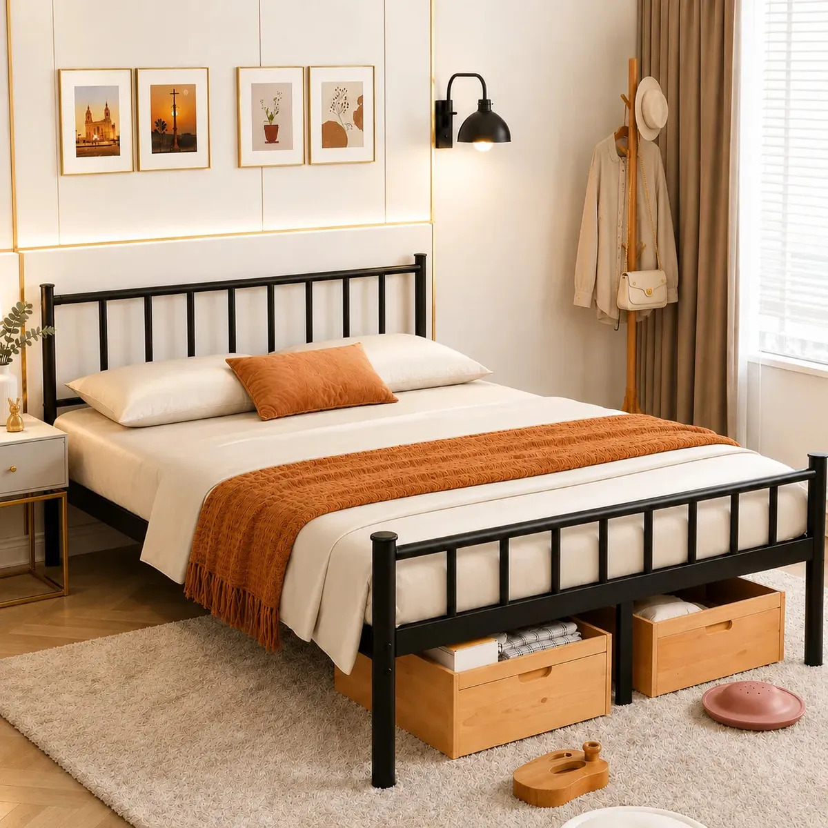 Base de Cama Matrimonial SAFONUS con Cabecera y Espacio de Almacenamiento