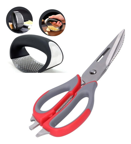 Kit Tesoura De Cozinha 7 Em 1 Acompanha Amassador De Alho Vermelho