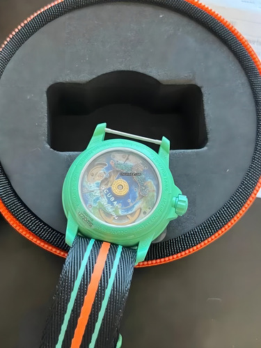 Reloj Swatch X Blancpain Océano Indico Edicion Especial Correa Verde Bisel Negro Fondo Verde