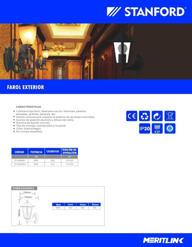 Farol Exterior Zy-4006 60 Watts Blanco Rosca E/27