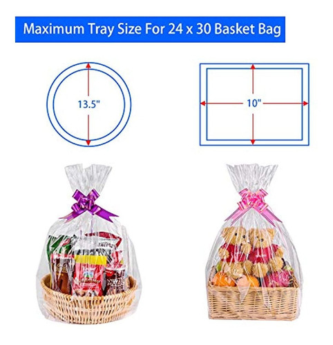 Quacoww Paquete de 10 bolsas de celofán transparentes para cesta de regalo de 27.6 a 39.4 pulgadas con lazo rojo de flores y corbatas giratorias juego de 30 