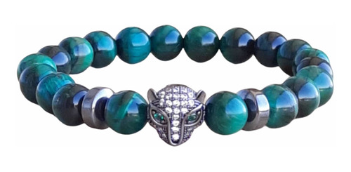 Pulsera Con Piedra Ojo De Tigre Verde, Zircón Y Hematita