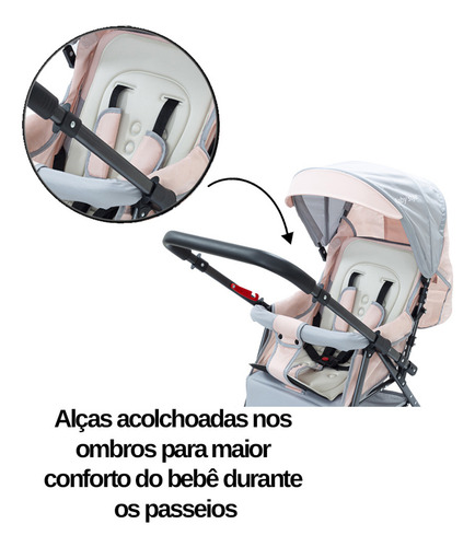 Carrinho De Bebê Passeio Reversível 15kg Compacto E Leve Cor Rosa Menina Chassi Preto