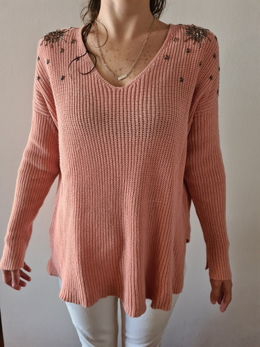 Sweater Pulover Tejido Algodon Largo Rosa Apliques Escote V 