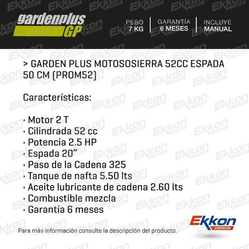Imagen 2 de 8 de Motosierra Naftera Garden Plus 52cc 2t Espada 50cm 2.5hp