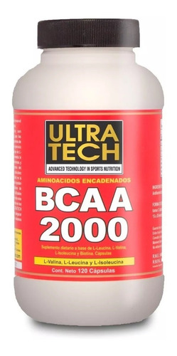 Bcaa 2000 Ultra Tech X 120 Caps. Aminoácidos Esenciales Energía Fuerza Recuperación Masa Muscular Sabor Sin sabor