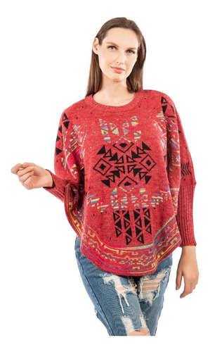 Imagen 3 de 4 de Poncho Loana Estilo Capa Étnica Multicolor Con Puños