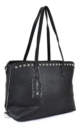 Cartera Las Oreiro Cuero Sintetico Grande Mujer Tachas Negra