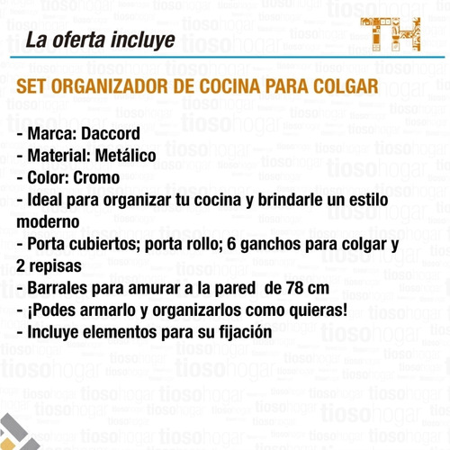 Organizador De Cocina Barral Porta Rollo Metalico Cromado Con Ganchos Para Cogar 78.5x19x16 Elementos De Fijacion