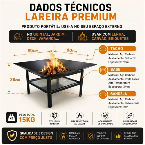 Lareira 80cm P/ Jardim Fogueira Externa Portatil A Lenha