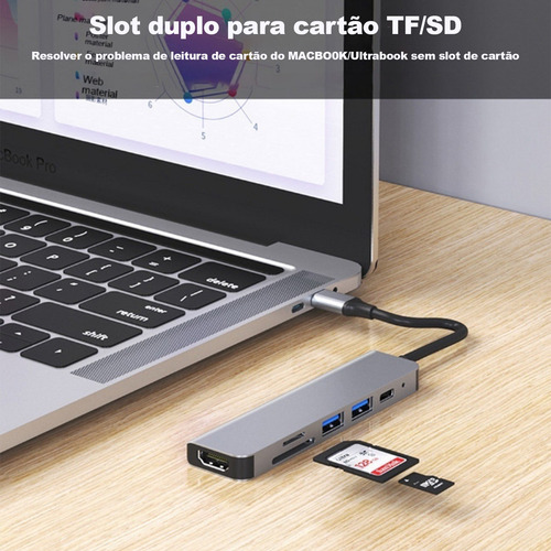 Adaptador Usb 3.0 Hub Tipo C 6 Em 1 Hdmi 4k Micro Sd Tf