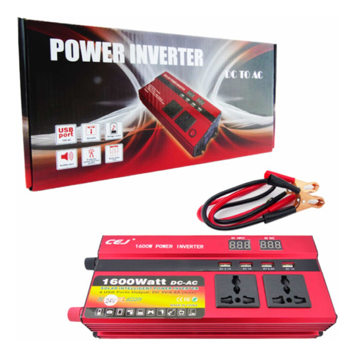 Inversor De Voltaje 24v A 220v, Con 4 Usb Y 3 Tomas, 1.600w