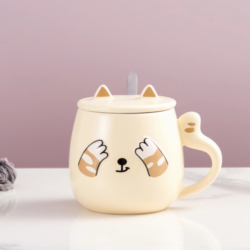 N Taza Para Café Kawaii Gato Con Tapa Cuchara Peek A Boo