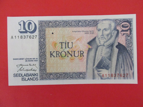 Billete Banco De Islandia Europa 10 Coronas Unc Raro 1961