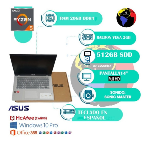 Portátil Asus Vivobook Corei5 8gen Ddr4 20gb Ssd512 W10 14pl