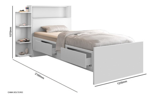 Cama Solteiro Isa Com 2 Gavetas E Baú Branco Brilho Cambel