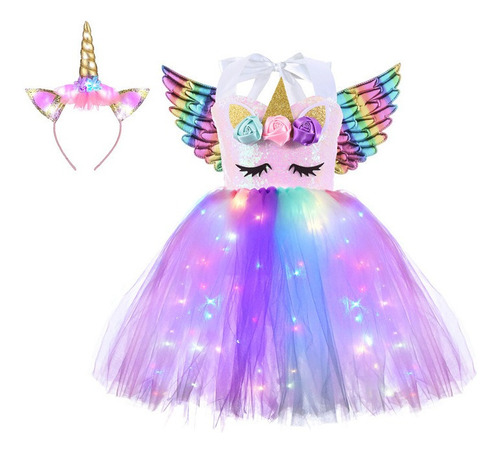 Vestido De Princesa Unicornio Con Luz Led De 3 Piezas Y Diad