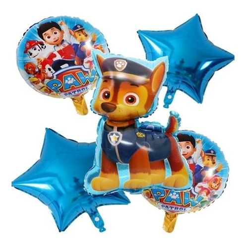  Globo Paw Patrol Chase + 2 Redondos + 2 Estrellas 5 Piezas