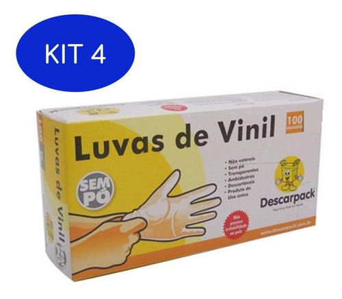 Kit 4 Luva De Vinil M Sem Pó Descarpack Cx Com 100 Unid
