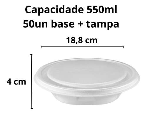 50un Marmitex P Isopor 550ml Base E Tampa Branca Bom Apetite Branco