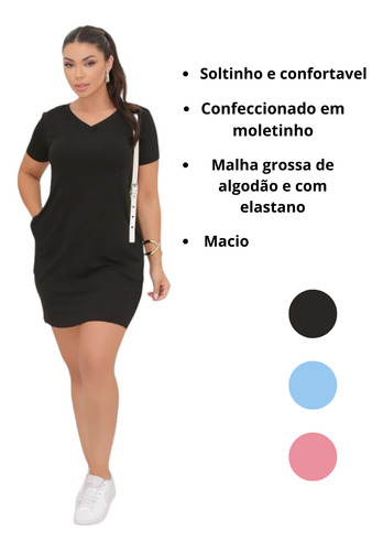 Vestido Curto Soltinho Com Bolso E Manga Tecido Moletinho