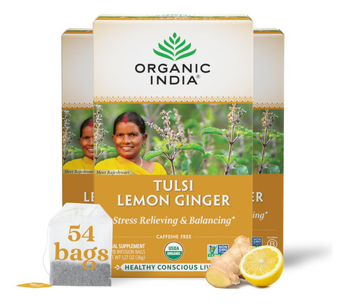 Tea Organic India Tulsi, Limón Y Jengibre, Hierbas, 54 Ml, 1