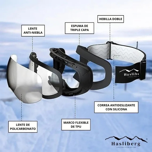 Antiparras Ski Snow Hasliberg Frost Antiempaño Uv400 Estuche Lente Vlt 14 Silver Mirrored Armazón Negro
