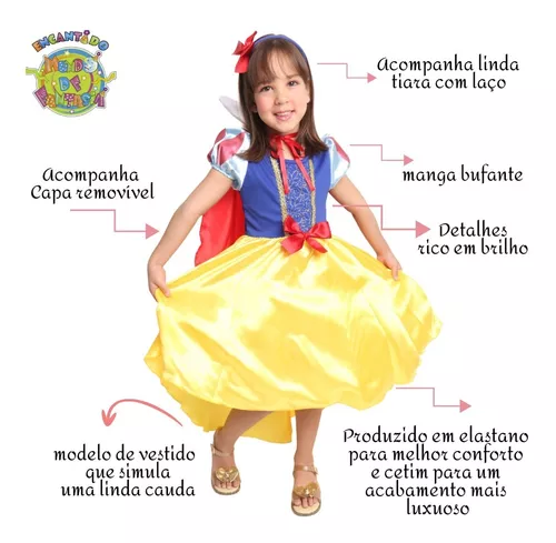 Vestido Infantil Fantasia Branca De Neve Disney Tam 6 a 12