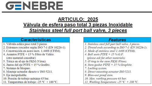 Válvula Esférica Tricuerpo Genebre Inox. Ø3/8 Art. 2025