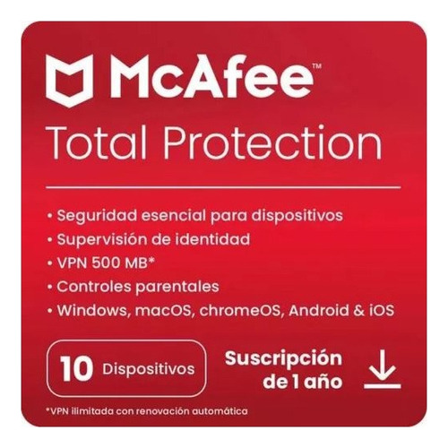 Antivirus Mcafee Total Protection 2024 - 10 Dispo - 1 Año
