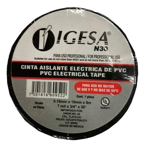 10 Cinta Eléctrica Aislante De Pvc 19mm 9 Mts Igesa Chica Color Negro Liso