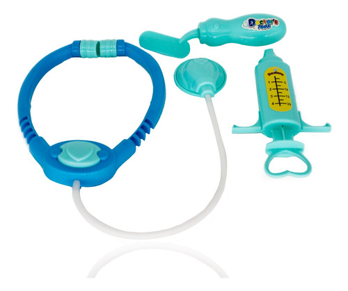 Imagem 1 de 7 de Brinquedo Kit Medico Azul 3pçs Estetoscópio Colher Balança