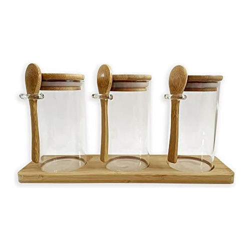 Cube Home Set Of 3 Glass Jars With Spoons, Bamboo Lids/...